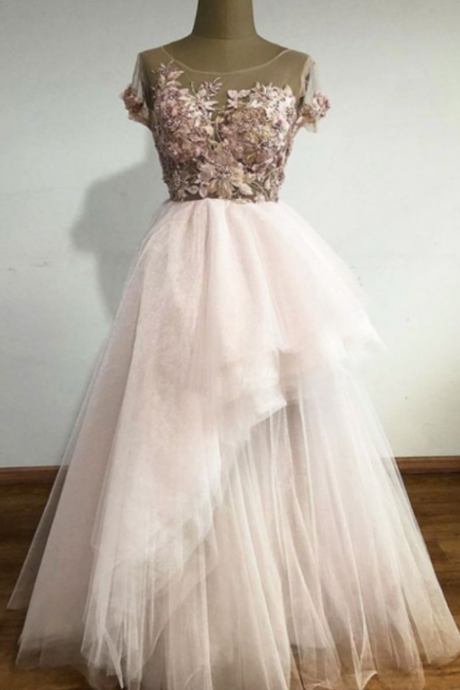 Tulle Long Lace Applique Layered Prom Dress With Sleeve