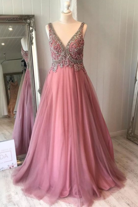Elegant V-neck Dusty Rose Long Prom Dress With Beads