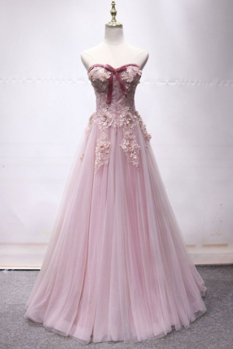 Pink Sweetheart Tulle Lace Long Prom Dress, Pink Lace Evening Dress