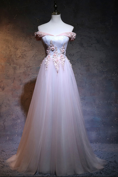 A-line Princess Off-the-shoulder Appliqued Prom Dresses Floor Length Dresses