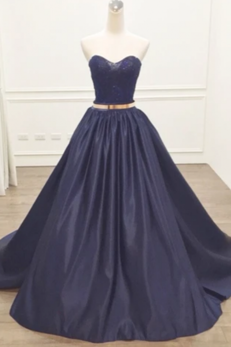 Prom Dresses Sweetheart Neck Satin Long Evening Dress, Lace Top Prom Dress
