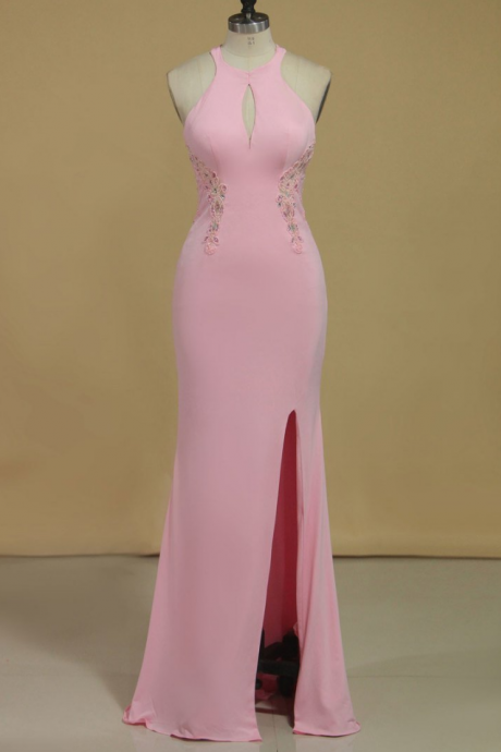 Prom Dresses Sheath Scoop With Beading And Slit Prom Dresses Sweep Train Spandex