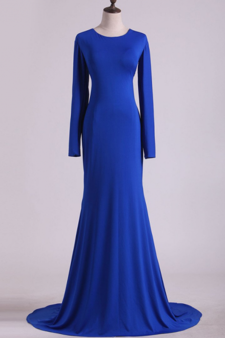 Prom Dresses Scoop Prom Dresses Long Sleeves Spandex Open Back Dark Royal Blue
