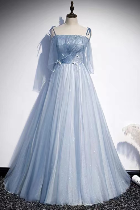 Blue evening dress temperament prom dress, long spaghetti strap party dress,custom made