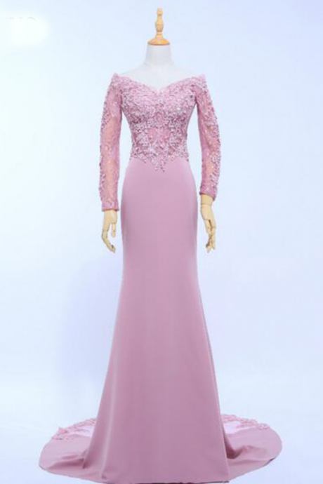 Real Photo Sexy Long Sleeve Evening Dresses ,appliques Lace Mermaid Formal Prom Dresses