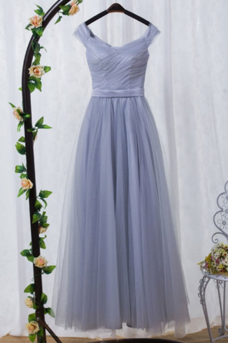 Real Photo Grey Long Lace Appliques Prom Dresses, A Line Tulle Pleated Evening Dress