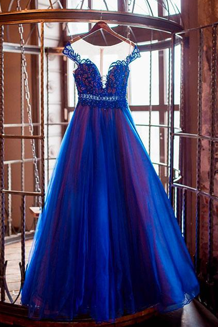 Vestido De Festa Tulle Blue Appliques Floor Length Evening Dress