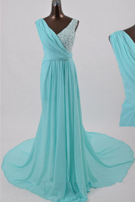 Light Blue Sleeveless V-neck Beaded Chiffon A-line Long Prom Dress, Evening Dress