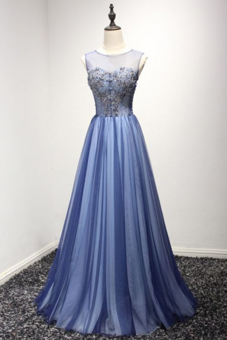 Unique Long Tulle Blue Formal Dress With Sparkly Beading Online.