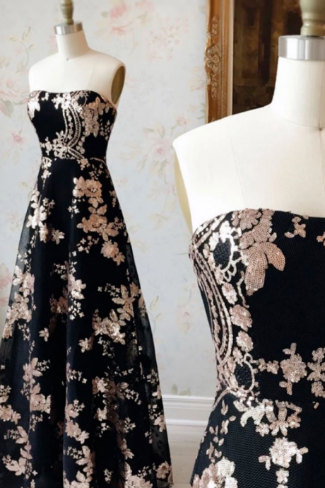 Black Sequin Lace Long Prom Dress Black Evening Dress