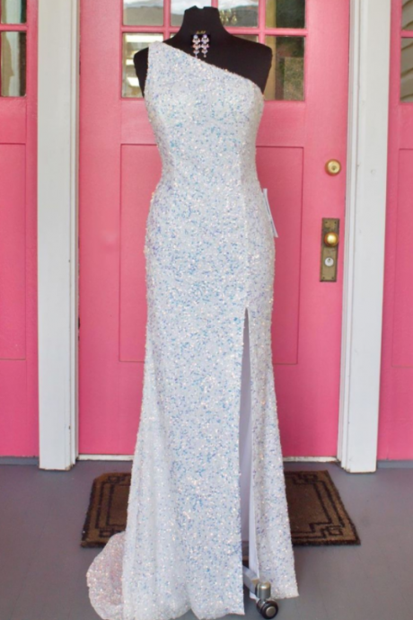 One Shoulder White Sequined Long Prom Dress With Slit