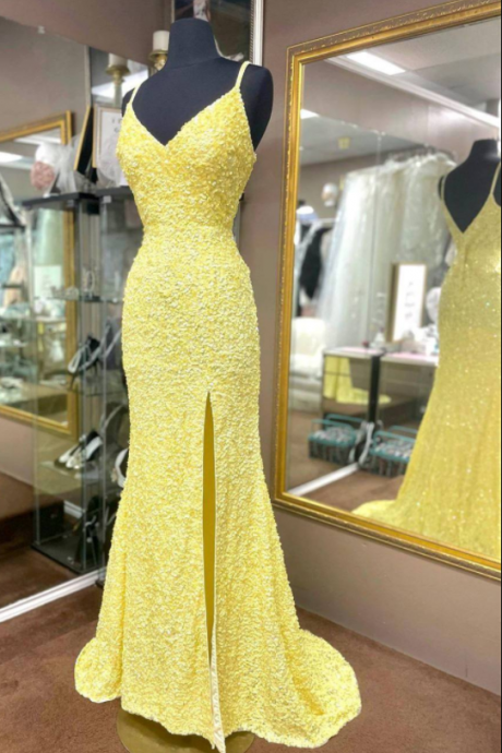 Elegant Yellow Sequins Mermaid Prom Dress