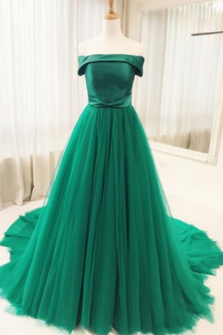Green Tulle Long Prom Dress,long Evening Dresses,prom Dress,sweep Train A Line Prom Dresses