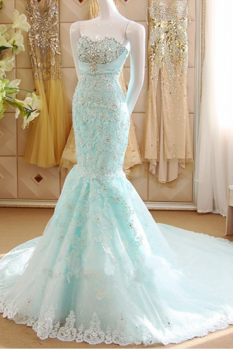 Blue Lace Appliquéd And Beaded Embellished Floor Length Mermaid Prom Gown Featuring Sweetheart Bodice And Chapel Train,