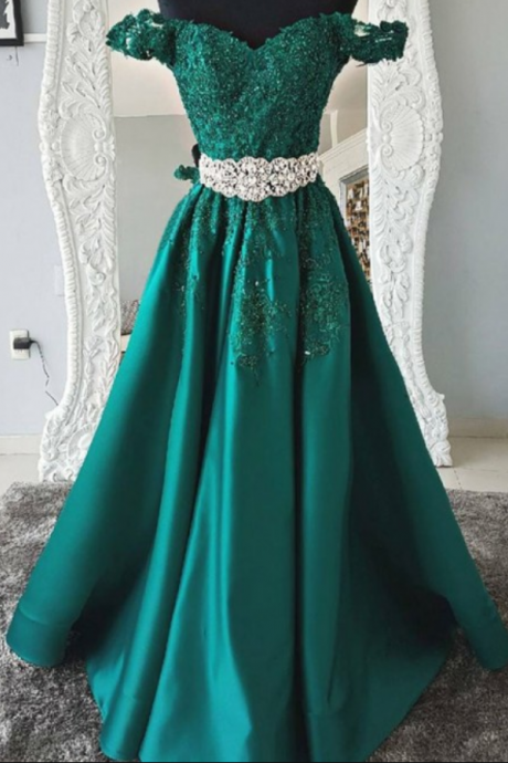 Stunning Off Shoulder Short Sleeves Green Prom Dress With Appliques Beading