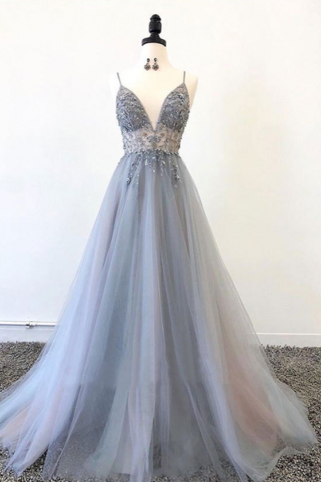 Gray v neck tulle beads long prom dress, evening dress