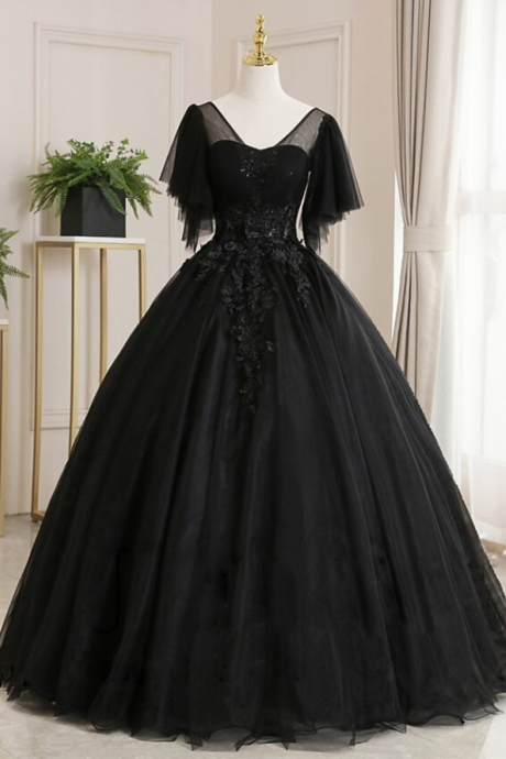 Ball Gown Luxurious Floral Quinceanera Prom Dress Scoop Neck Short Sleeve Floor Length Tulle With Pleats Embroidery