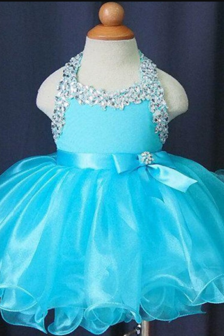 Beads Crystals Halter Sky Blue Flower Girl Wedding Dresses Knee Length Princess Bare Back Hunter Ruffles Organze Ball Gown
