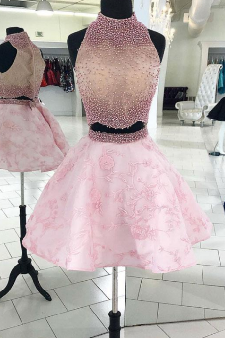 Pink two pieces beads lace short prom dress. pink homecoming dress