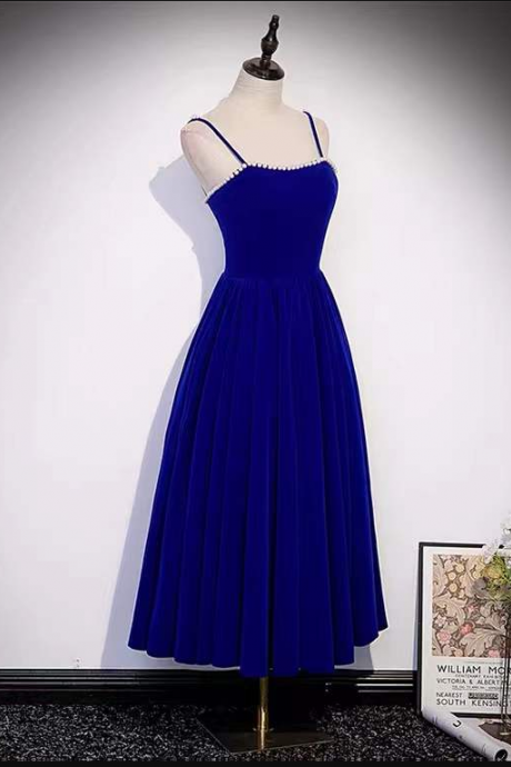 Blue Party Dress, Birthday Spaghetti Strap Midi Dress,custom Made