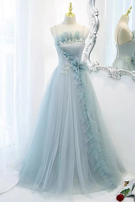 Light Blue Party Dress,sweet Prom Dress,spaghetti Strap Evening Dress,custom Made