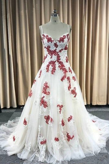 Cute Gorgeous Ivory Tulle Red Lace Applique Long Spaghetti Straps Senior Prom Dress,