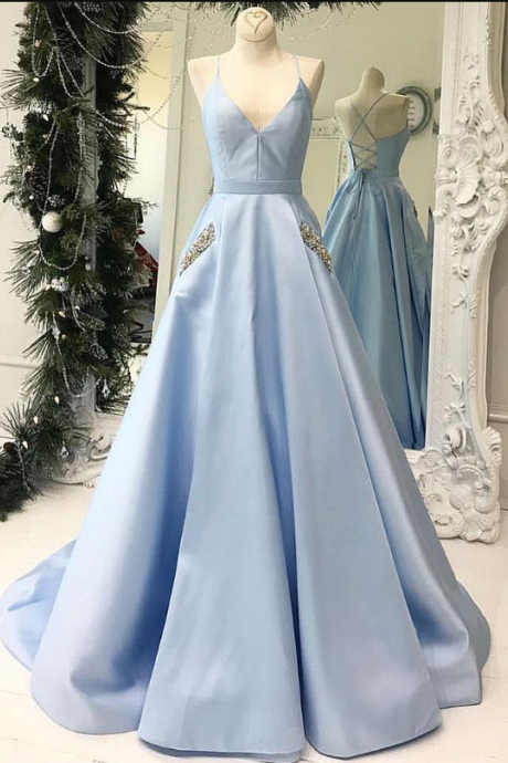 Baby Blue Halter Neck Prom Party Dresses With Intricate Straps