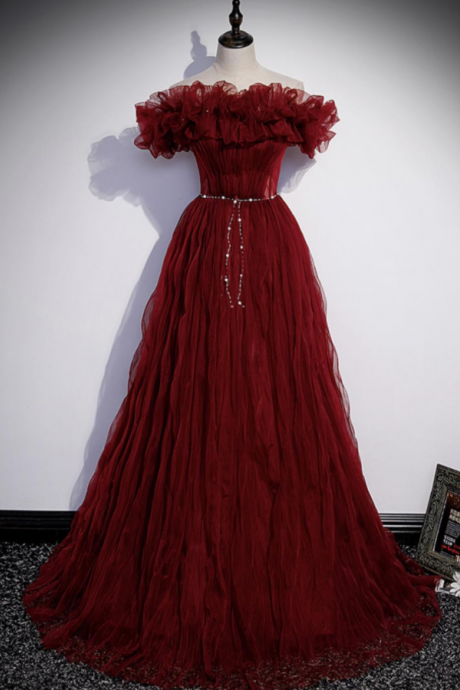 Burgundy tulle long prom dress A line evening gown