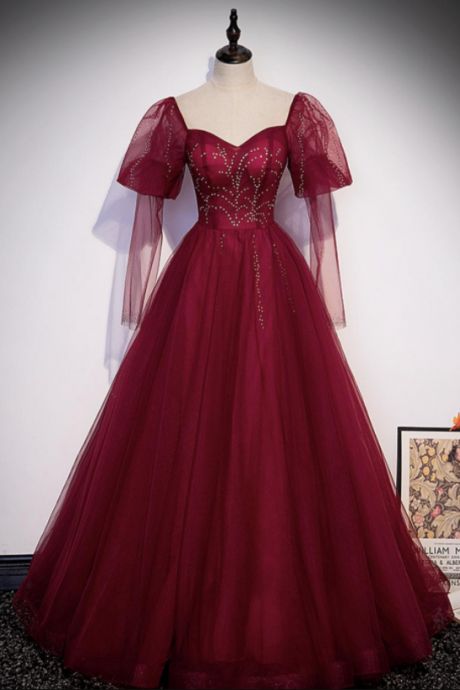 Burgundy Tulle Beads Long Prom Dress Evening Gown