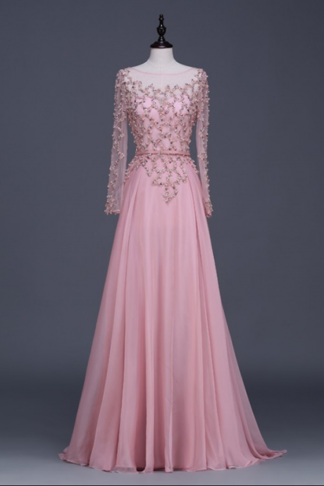 Long Sleeves Prom Dresses,beaded Prom Dresses,pink Prom Dresses,evening Dresses,chiffon Prom Dress,plus Size Party Dresses