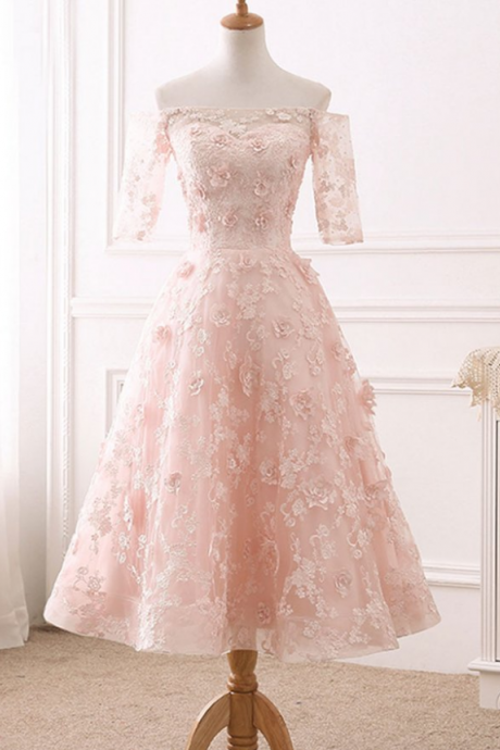 Pink lace tulle tea length prom dress, lace evening dress