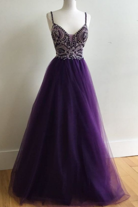 Purple Prom Dress Long, Prom Dresses Wedding Party Dresses Spaghetti Straps