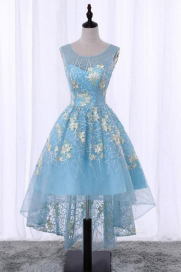 Stunning Prom Dress, lace Prom Evening Dress, Blue Prom Dress,high low Prom Evening Dress