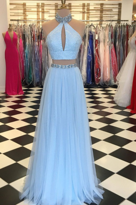 Shinning two piece light sky blue long tulle strapless evening dress, long prom dress with beading