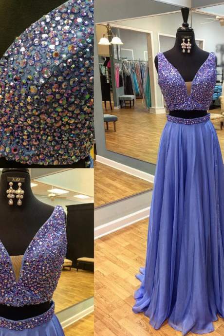 Gorgeous A-line Two Piece Light Purple V-neck Long Prom Dress With Side Slit