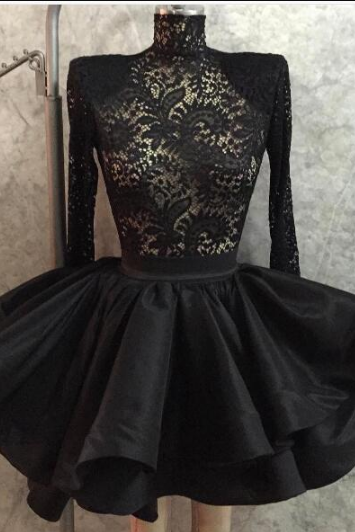 Mini Short Prom Dress, Black Prom Dresses,Long Sleeves Lace Prom Dresses Formal Dress