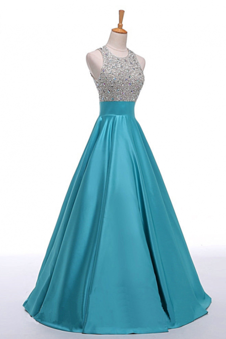 Prom Dresses, Bateau Prom Gowns, Long Satin Prom Dresses, Turquoise Prom Dress, Prom Dresses With Beadings, Backless Prom Dress,