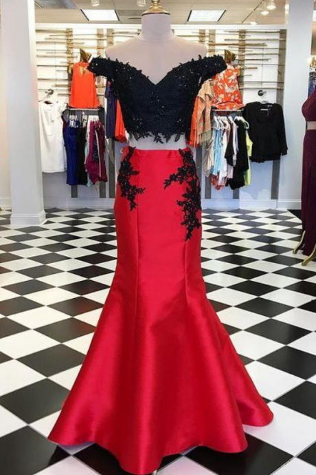 Two Pieces Long Prom Dresses with Appliques and Beading,Party Dress,Evening Dresses