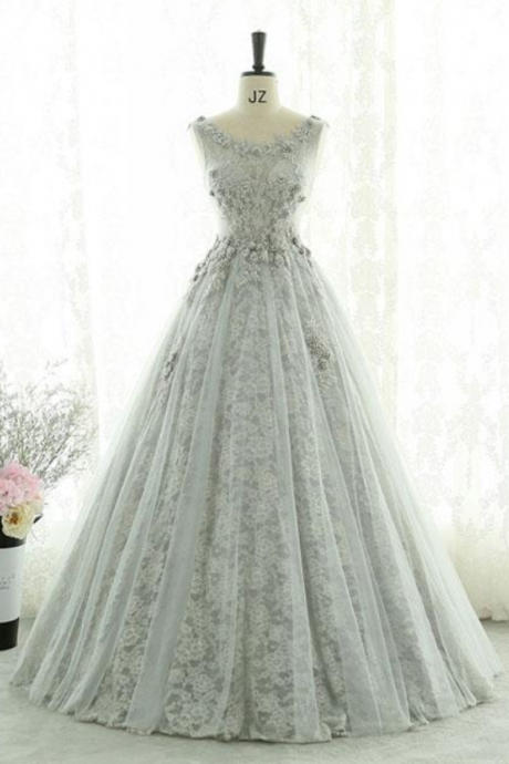 Gray Lace Tulle Long Prom Dress, Gray Evening Dress