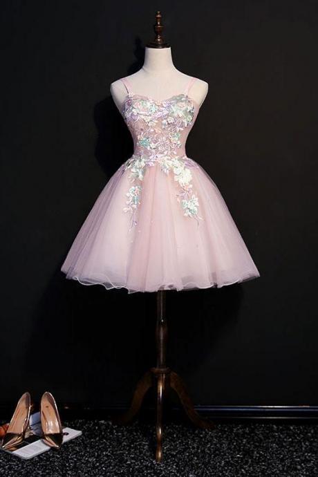 Pink Sweetheart Tulle Lace Short Prom Dress, Pink Homecoming Dress