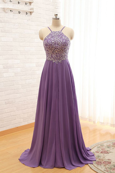Backless Purple Beaded Long A-line Prom Dress, Spaghetti Straps Evening Dress