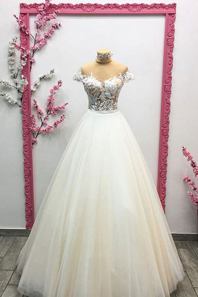 White Tulle Long A-line Customize Winter Formal Prom Dress With Cap Sleeves