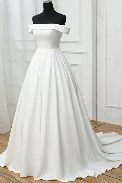 Simple White Satin Off Shoulder Long Sweet 16 Prom Dress, Long Pageant Dress