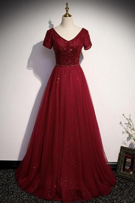 Burgundy Tulle Beads Long Ball Gown Dress Formal Dress