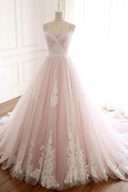 Gorgeous Spaghetti Straps Pink Court Train Prom Dress With Appliques Beading