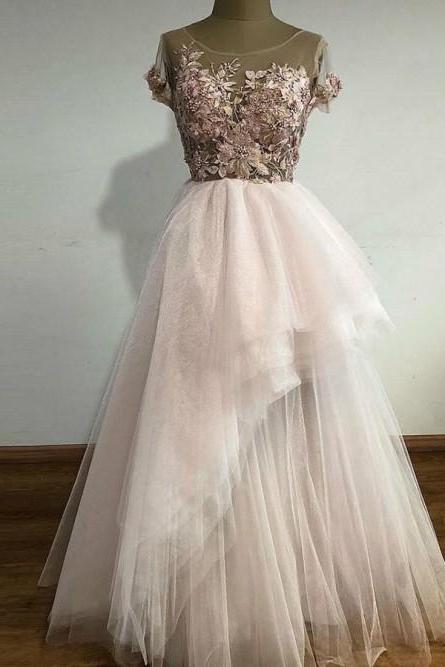 Stylish Scoop Pink Short Sleeves Prom Dress With Appliques