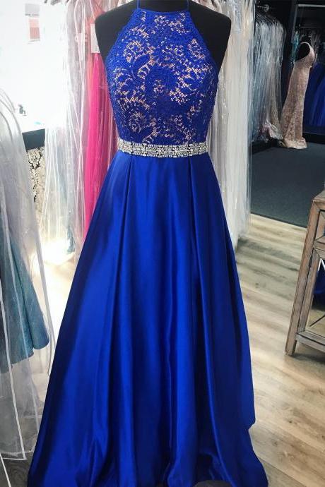 Halter Long Prom Dress, Blue Evening Dress,