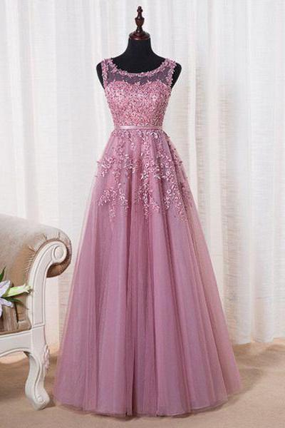 Prom Dress,a-line Pink Tulle Lace Long Prom Dress,formal Dress,party Gown