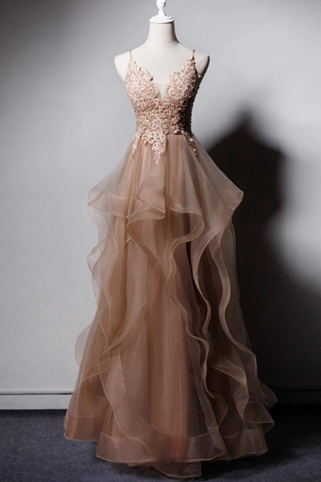 Prom Dresses,v Neck Tulle Lace Long Prom Dress Evening Dress
