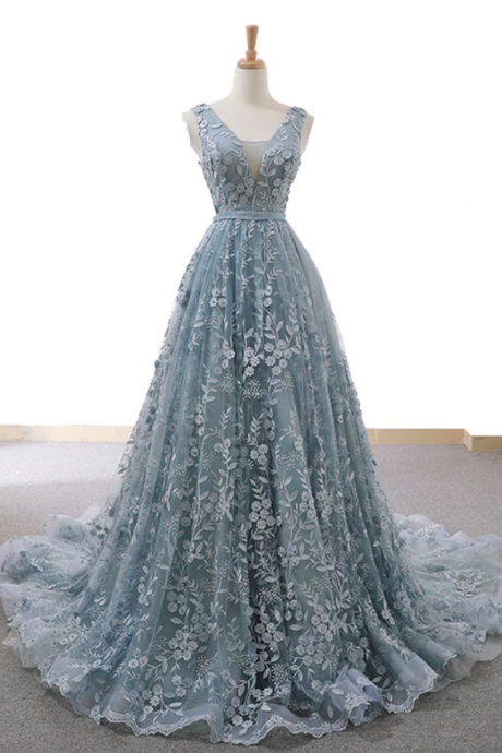 Prom Dresses, tulle lace long prom dress blue lace evening dress